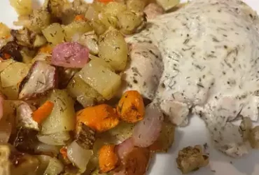 Lemon, Yogurt, and Dill Chicken Thighs with Roasted Veggies