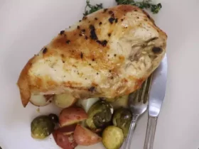 Pan-Roasted Chicken with Lemon-Garlic Brussels Sprouts and Potatoes
