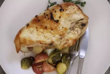 Pan-Roasted Chicken with Lemon-Garlic Brussels Sprouts and Potatoes