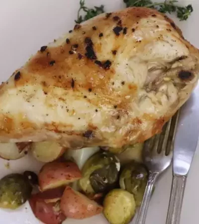 Pan-Roasted Chicken with Lemon-Garlic Brussels Sprouts and Potatoes