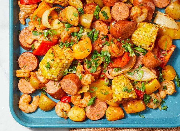 Sheet Pan Shrimp and Sausage Bake