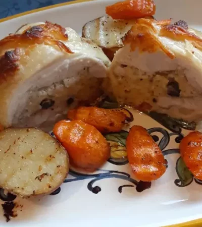 Stuffed Chicken Thighs with Roasted Potatoes and Carrots