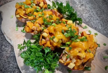 Sweet Potato Boats with Bacon, Apples, and Cheddar