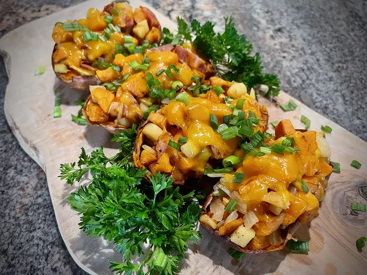 Sweet Potato Boats with Bacon, Apples, and Cheddar